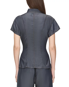 <span class=keywords><strong>Blusa</strong></span> de Mezclilla Tencel Azul Oscuro Vintage para Mujer, Cuello Camisero, Manga Corta, Corte Corsé, Abotonada, para Uso Diario Informal - Product Image 2