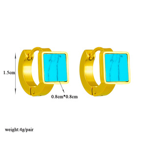 Geometric Square Turquoise Huggie Earrings Gold Stainless Steel Bezel Setting Fashion Stud Earrings - Product Image 4