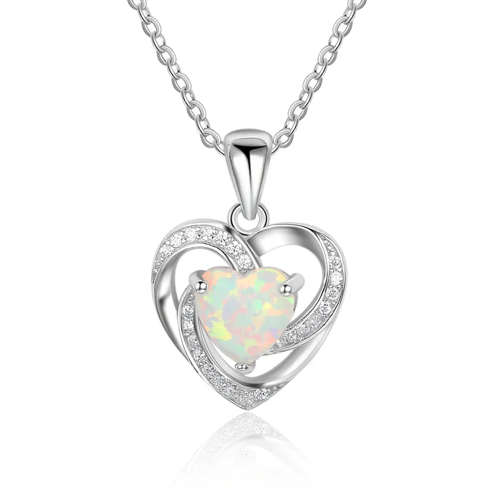 Women luxury fashion jewelry 18 inches 925 sterling silver heart crystal natural opal necklace