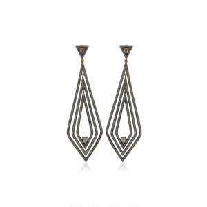18K Gold & 925 <b>Silver</b> Luxury Art Deco <b>Dangle</b> <b>Earrings</b> with Brilliant Round cut Diamonds a touch of refined glamour to any look. - Product Image 2