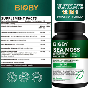Cápsulas de Musgo Marino Bioby de Marca Privada OEM, 16 en 1, con Ashwagandha, Aceite de Semilla Negra, Alga Marina, Cúrcuma, Jengibre, 150 Unidades - Product Image 4