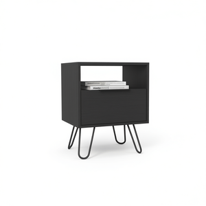 Mesita de Noche Skyoner de un Solo Cajón, Acabado Negro Wengue, Patas de Horquilla, Muebles Modernos para Dormitorio - Product Image 1