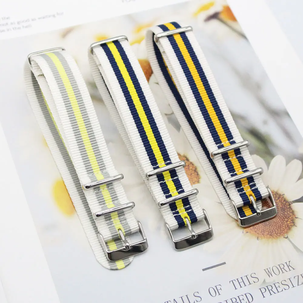 Цветной Плетеный тканевый ремешок для часов 20 мм, сменный полосатый браслет, регулируемый нейлоновый Однопроходный ремешок для часов