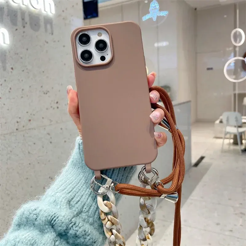 Crossbody Necklace Strap Lanyard Cord Phone Case For iPhone 15 14 Plus 13 12 Mini 11 Pro Max Marble Chain Silicone Soft Cover