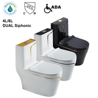 WC monobloc OVS CUPC 305 mm à siphon en S, à poser au sol, avec ligne noire et or de luxe pour salle de bain