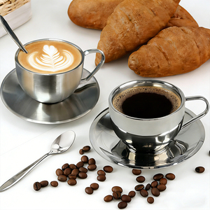 Nuova Tazza da Caffè di Design in Acciaio Inox 304 Doppio Strato Argento di Alta Qualità con Piattino per Latte <span class=keywords><strong>e</strong></span> Tè - Product Image 1