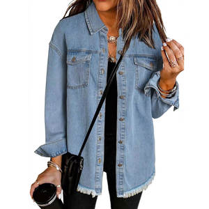 Chaquetas vaqueras de primavera y otoño para mujer, chaqueta vaquera de manga larga, camisa con botones, chaqueta sólida informal para <span class=keywords><strong>novio</strong></span> con bolsillos - Product Image 1