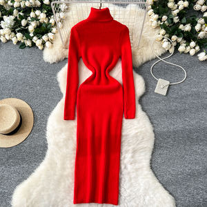 Abito invernale a collo alto in <span class=keywords><strong>maglia</strong></span> sottile abito Midi da donna in pizzo bordeaux <span class=keywords><strong>rosso</strong></span> nero bianco - Product Image 4