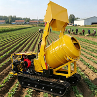 Bétonnière automotrice compacte 1000L sur chenilles en caoutchouc, entièrement hydraulique, avec chargement et déchargement automatiques, et fonction benne basculante