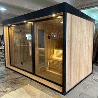 Cabine de sauna extérieure chauffée au bois, directement de l'usine, avec douche moderne et bain froid séparé avec véranda avant