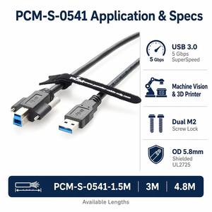 Câble USB 3.0 Type-A vers Type-B à double connexion M2 avec verrouillage par vis, 5 Gbit/s SuperSpeed, haute flexibilité pour automatisation de caméra et imprimante 3D - Product Image 3