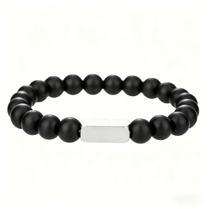 Black Frosted Stone <b>Beaded</b> <b>Bracelet</b> Set With Stainless Steel Bar Unisex Gift Jewelry - Product Image 5