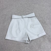 Shorts en cuir véritable de mouton blanc pour femme, avec ceinture et ourlet à revers, style décontracté pour le quotidien et la rue, direct usine