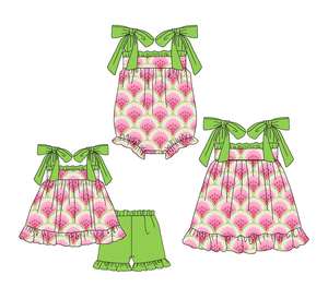 Précommande MOQ 5 Ensemble Bébé Fille Pastèque Robe Barboteuse Vêtements d'Été en Gros Spandex/Coton Biologique Doux Mode Vacances - Product Image 1