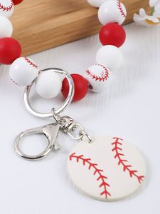 New Sports Baseball Softball Silicone Bead <b>Wristlet</b> Keychain With Wood Chip Pu Leather Tassels Charms Game Day Bracelet Keyring - Product Image 6
