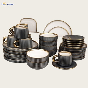 Luxury Wholesale Mid Asian 32Pcs Edge Gold Rimmed Ceramic Dinnerware Tableware Embossed Porcelain <strong>White</strong> <strong>Dinner</strong> Plate Bowl <strong>Sets</strong> - Product Image 4