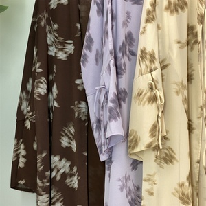 Chiffon Abaya with Lined, Floral <b>Print</b> Open Abaya Kimono with Tie Cuff, Modest <b>Islamic</b> Dubai Abayas for Muslim Women (6924) - Product Image 6