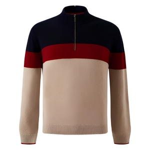 OEM Custom Mens 100% Merino Wool Long Sleeve Casual <b>Pullover</b> Sweater Color Block <b>Pullover</b> <b>Jumper</b> Quarter Zip Sweatshirt - Product Image 6