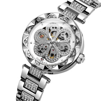 Montre mécanique automatique pour femme, multicolore, or rose, or argenté, cadran squelette trèfle, incrustation de cristaux, montre-bracelet pour femme
