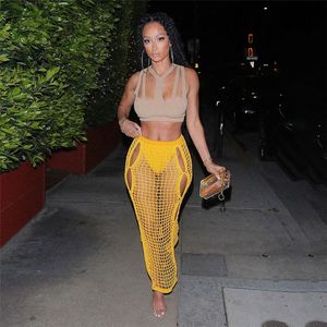 2025 nouveauté femmes élégant Sexy jaune taille <span class=keywords><strong>haute</strong></span> fendu creux Wrap longues jupes en tricot - Product Image 1