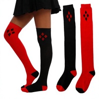 Chaussettes hautes en coton pour femme Harley Quinn, noires élégantes, à motif losanges rouges et noirs