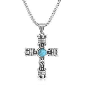 Stainless Steel <b>Cross</b> Pendant With Pink Eye Inlay For Men And Women Fashion Necklace Gift - Product Image 2