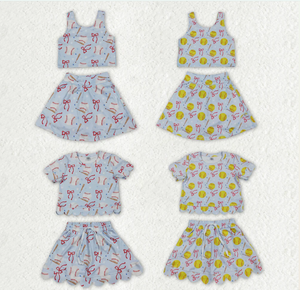Ensembles de vêtements pour bébés filles, avec nœuds, motifs baseballs et softball, hauts, jupes, shorts, pour le yoga et les activités sportives, à bords festonnés - Product Image 1