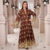Robe longue élégante en polyester à imprimé floral, col montant orné de strass, style Abaya Kaftan Maxi pour femmes