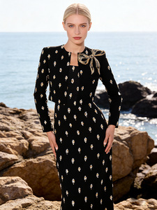 A11500 Blazer court élégant et luxueux orné de perles, ensemble robe en tricot pour femme, tenue de soirée formelle, avec strass - Product Image 1