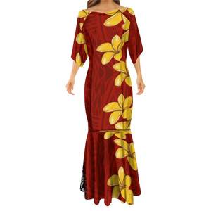 Vestido Hawaiano con Estampado de Flores de Plumeria, Vestido Polinesio Personalizado, Vestidos de Sirena con Cola de Pez, Vestido Largo Rojo de Fiesta, Vestidos de Noche - Product Image 1