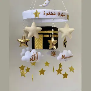 New Nursery Hanging Accessories Felt Moon And Star Cube Kaaba Islamic Cot Quran Baby Crib Mobile For Mini Muslim Baby