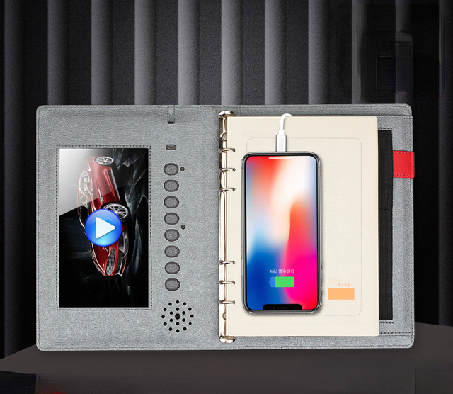 Custom B5 Smart AD MP4 Video Notebook 12000mAh Power Bank 3-in-1 Data Cable Hardcover With Printed Design for Gift Giving
