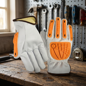 Gants de travail en cuir blanc avec paume et doigts antidérapants orange, poignets froncés, gants de sécurité polyvalents - Product Image 4