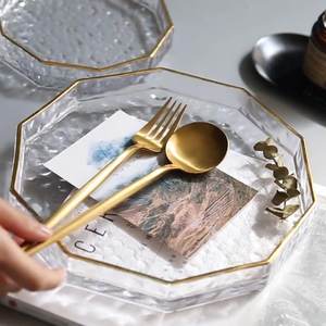 13 بوصة مطرقة نمط الذهب حافة مثمنة جولة شقة واضح الزجاج كعكة طبق عشاء - Product Image 2