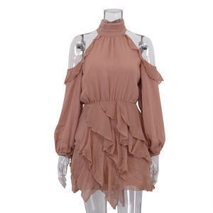 Robe courte en mousseline de soie à volants, col halter, épaules dénudées, T-1223, robes décontractées d'été pour femmes - Product Image 4