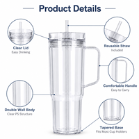 Gobelet de voyage personnalisé de 40 oz à double paroi, anti-fuite, sans BPA, avec paille en plastique, couvercle réutilisable, poignée et design de dessin animé mignon