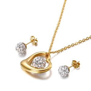 Ensemble de bijoux en acier titane couleur or et argent avec pendentif cœur en strass et boucles d'oreilles, vente en gros - Product Image 1