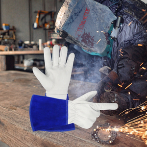White Leather Safety <b>Gloves</b> with Blue Gauntlet Cuff Anti-Slip Durable General Purpose Work Protection - Product Image 3