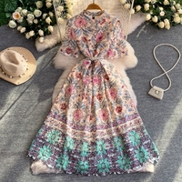 Robes de Soirée Femme : Robe Florale en Dentelle Romantique Française, Col Montant, Boutonnage Simple, Robe Longue Cintrée, Vêtements Tendance pour Femme