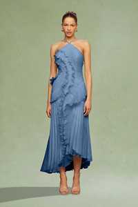 Abito lungo <span class=keywords><strong>da</strong></span> <span class=keywords><strong>donna</strong></span> in chiffon plissettato con scollo all'americana, orlo asimmetrico con volant, abito <span class=keywords><strong>da</strong></span> sera fluido ed elegante - Product Image 6