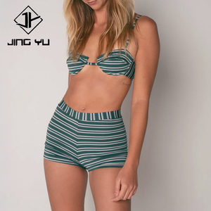 Pantalones cortos de cintura alta con estampado retro a rayas, personalizados por OEM, con aros y bikini de nailon de alta calidad para mujer. - Product Image 1
