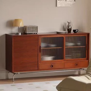 Aparador de madera maciza de 120x40x80 cm con puerta de vidrio, mueble de almacenamiento para sala de estar y cocina. - Product Image 5