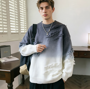 Maglione <span class=keywords><strong>Uomo</strong></span> Sfumato Effetto Vissuto - Maglia Oversize Streetwear con Dettagli Strappati, Top Invernale Morbido e Caldo per un Look Casual e Cool - Product Image 2