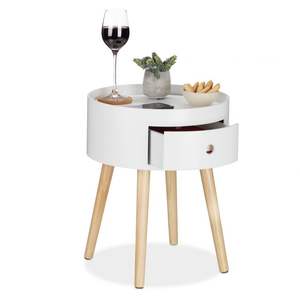 Tavolino da Caffè Rotondo in Legno Bianco con Cassetto e Gambe in Pino - Product Image 1