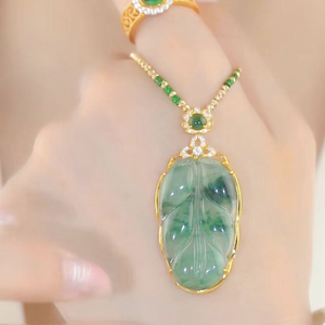 Collar de Aleación Dorada con Colgante de Jade Verde para Mujer, con Hojas Grandes y Articulaciones Tipo Bambú, Accesorio de Moda para Ropa - Product Image 5