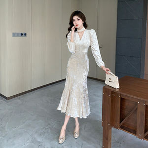 Vestido Maxi de Otoño con Cuello en V y Estilo Sirena para Mujer, Vestido de Encaje Estilo Imperio - Product Image 3