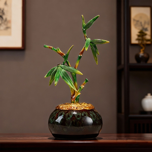 Ornement en céramique et bambou, pot émaillé, symbole de prospérité, décoration porte-bonheur pour salon, entrée, meuble TV - Product Image 1