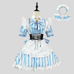 Japanese Akihabara Sweet Striped Maid Outfit Lolita Cosplay Costume Light Blue Plus Size Spring 2023 - Product Image 1