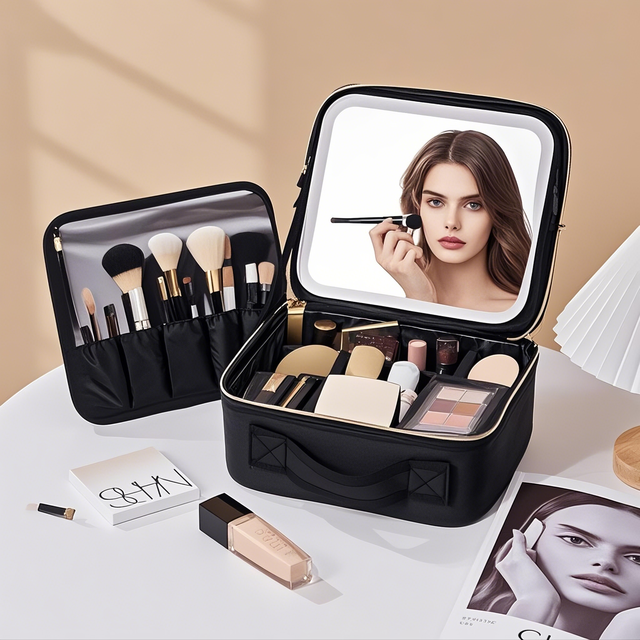 Portable LED Light Mirror 3-Color Lighting Vanity Storage Case Zipper Lighted Divider Brush Board Travel Makeup Cosmetic Bag