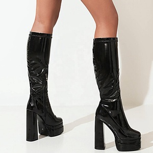 Bottes longues à talons hauts et plateforme, bout carré, fermeture éclair latérale, grande taille 48, collection automne-hiver 2022 - Product Image 3